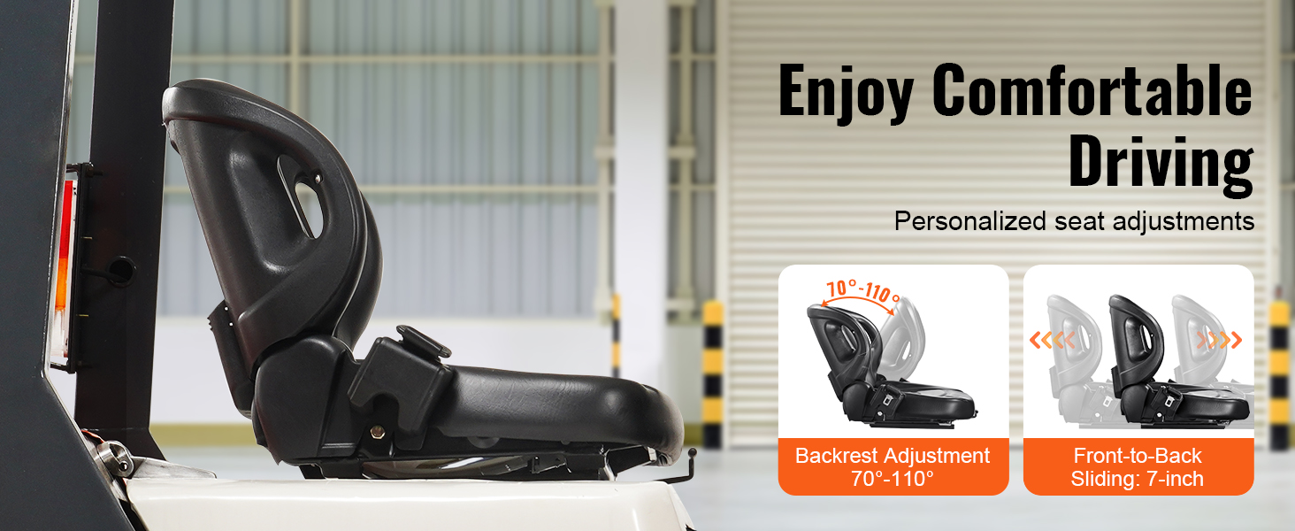 VEVOR forklift seat: adjustable backrest 70°-110°, front-to-back sliding 7-inch, enhancing driver comfort.
