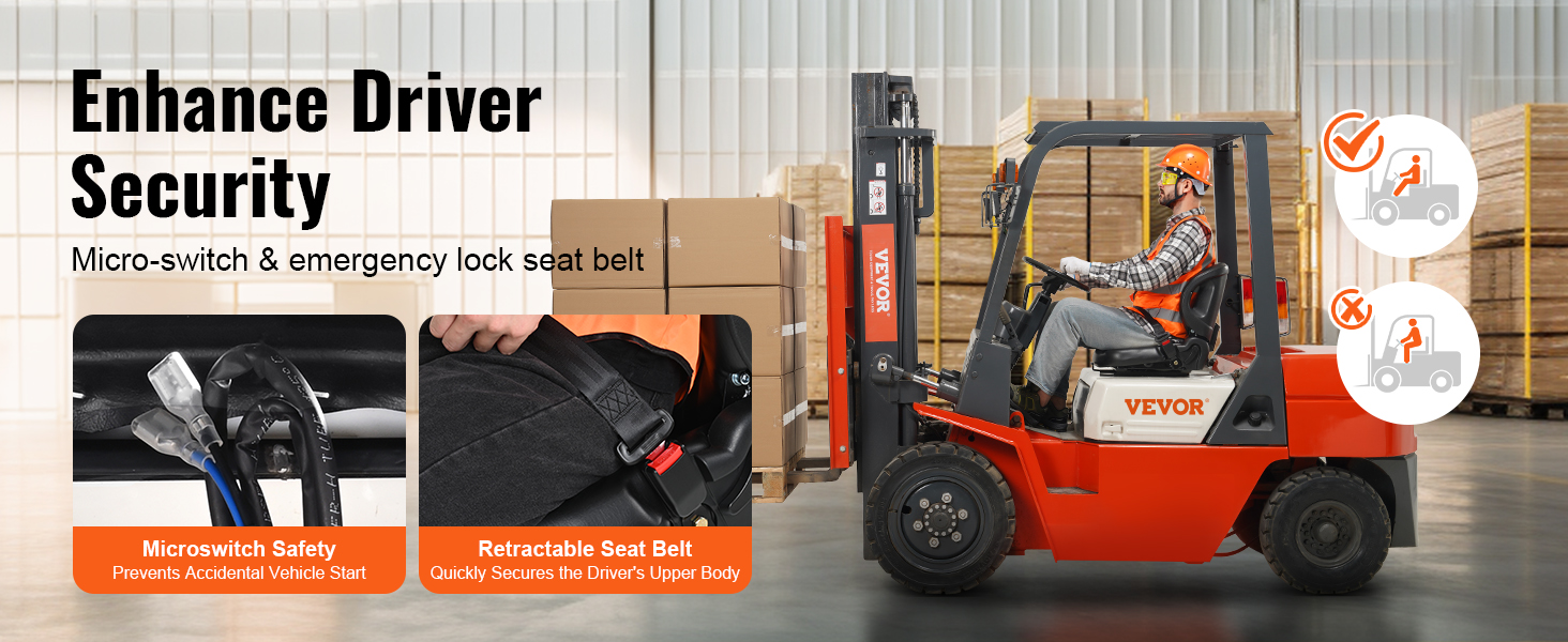 VEVOR forklift seat with microswitch, emergency lock seat belt, and driver safety enhancements in warehouse.