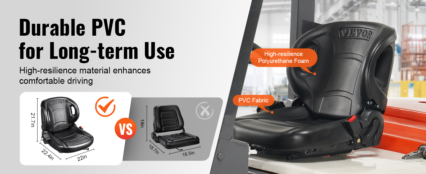 durable VEVOR forklift seat made of high-resilience polyurethane foam and pvc fabric for long-term use.