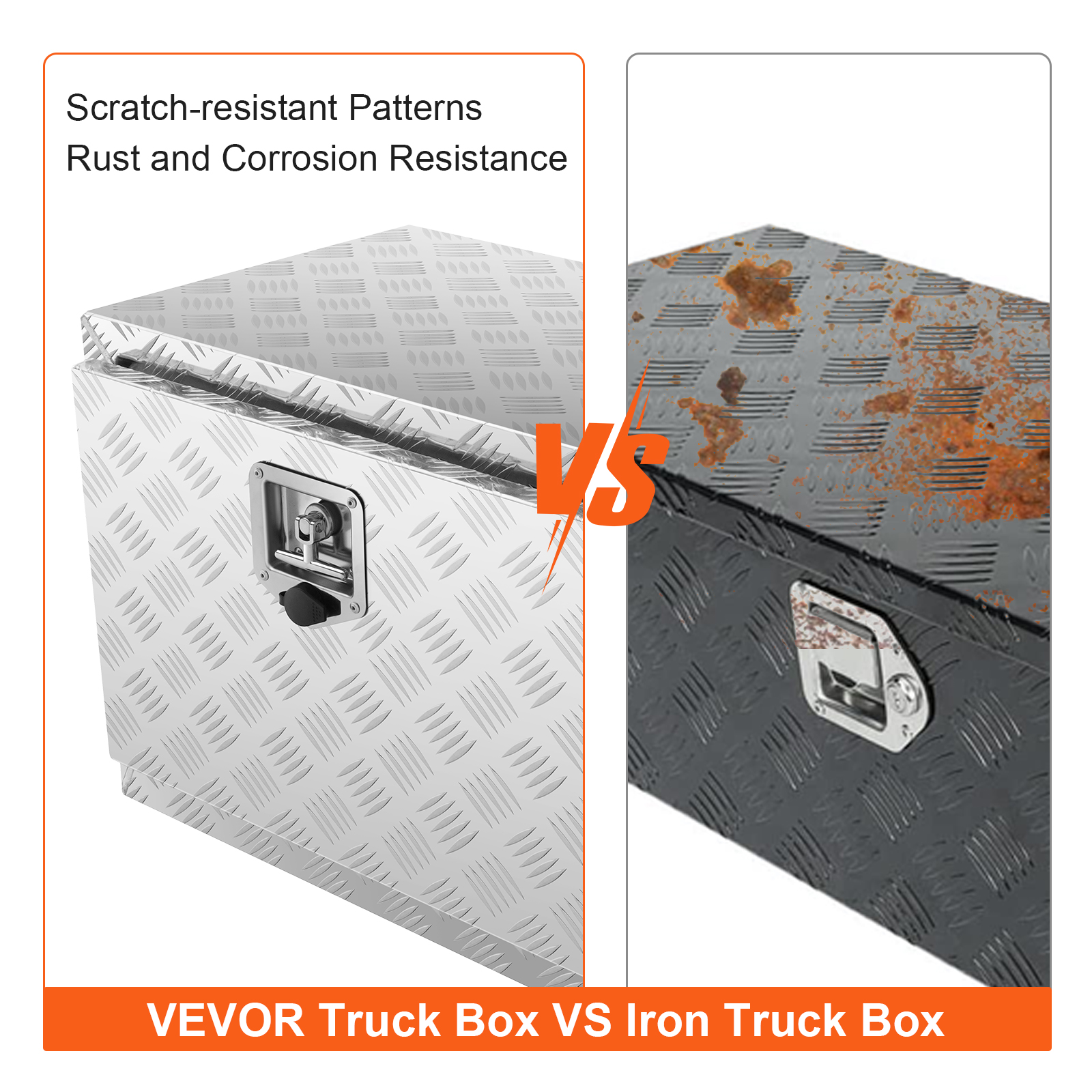 VEVOR underbody truck box vs rusted iron truck box, showcasing durability and scratch-resistant features.