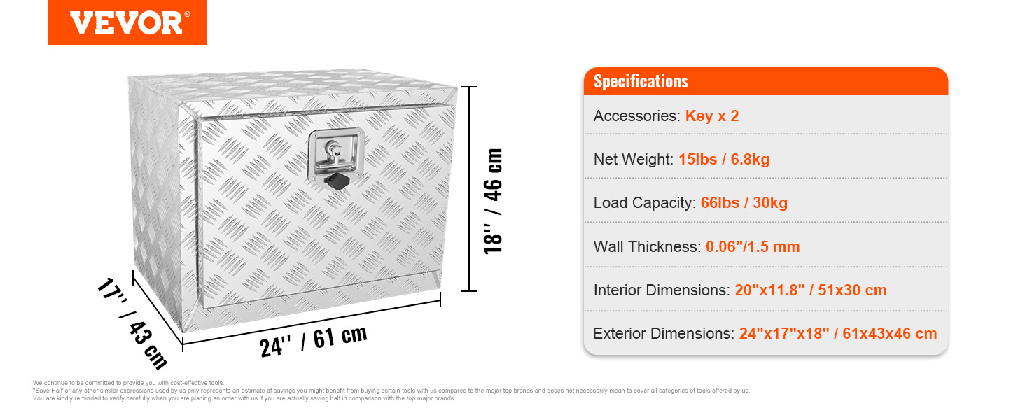 VEVOR underbody truck box with an alloy finish, measuring 24"x17"x18", load capacity 66lbs, includes two keys.