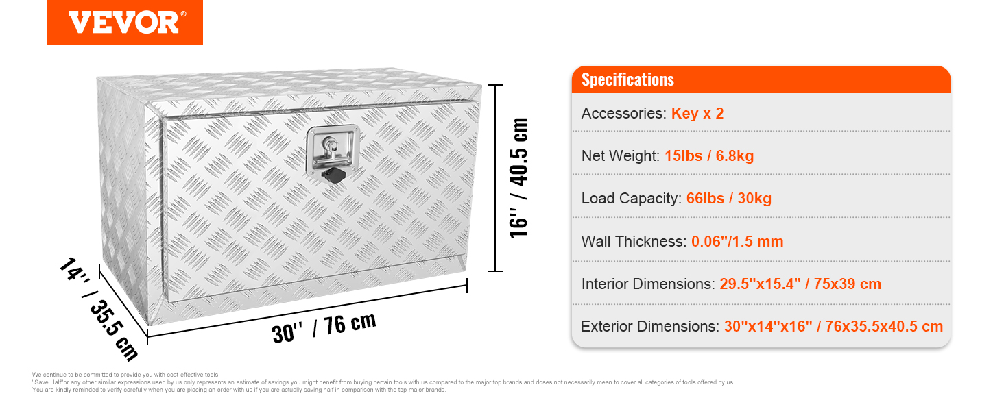 VEVOR underbody truck box, 30"x14"x16", with lock, 66lb capacity and 0.06" wall thickness, 15lb weight