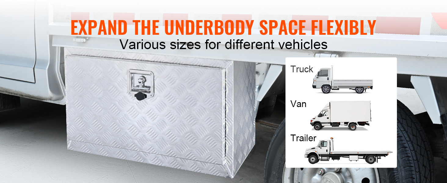 VEVOR underbody truck box attached to a vehicle, showcasing flexibility for truck, van, and trailer.
