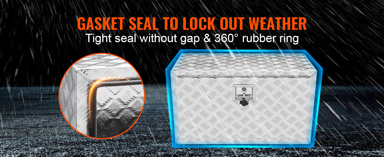VEVOR underbody truck box with gasket seal for weather protection, 360° tight rubber ring.