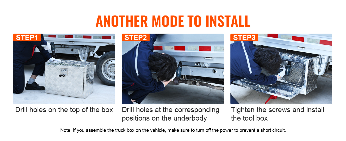 step-by-step guide to installing VEVOR underbody truck box with drilling and tightening screws.