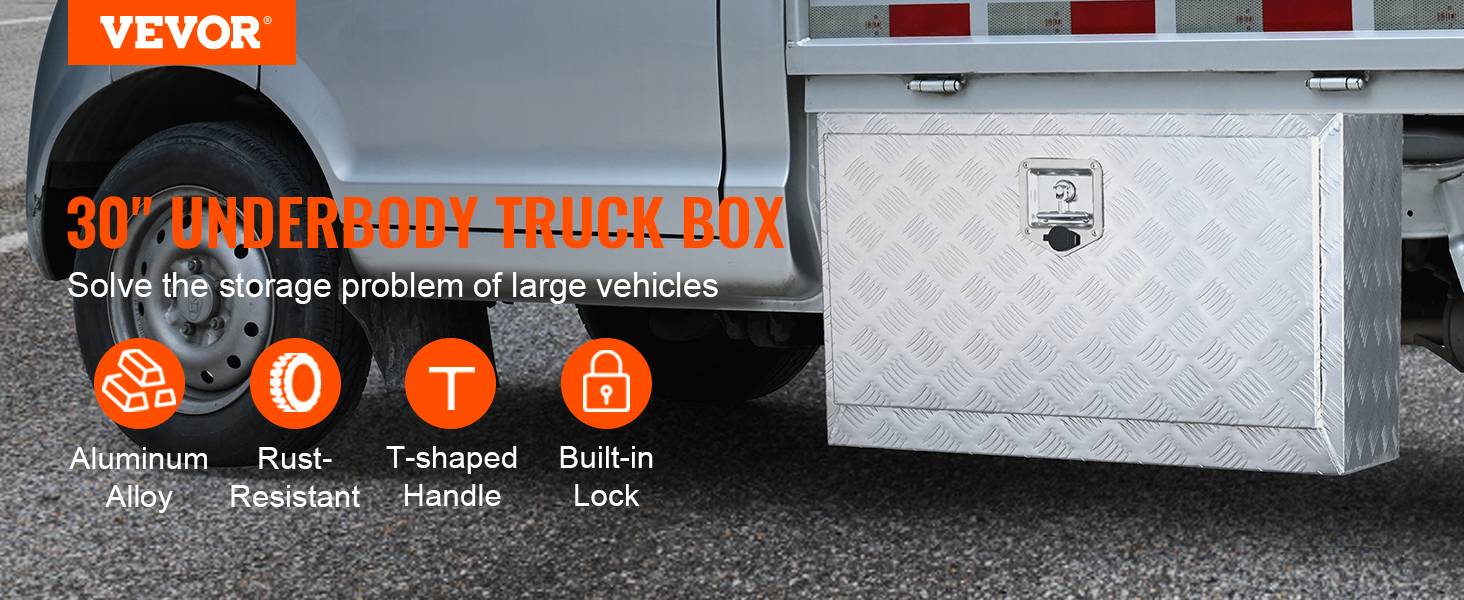 VEVOR underbody truck box, aluminum alloy, rust-resistant, t-shaped handle, built-in lock, 30" storage.