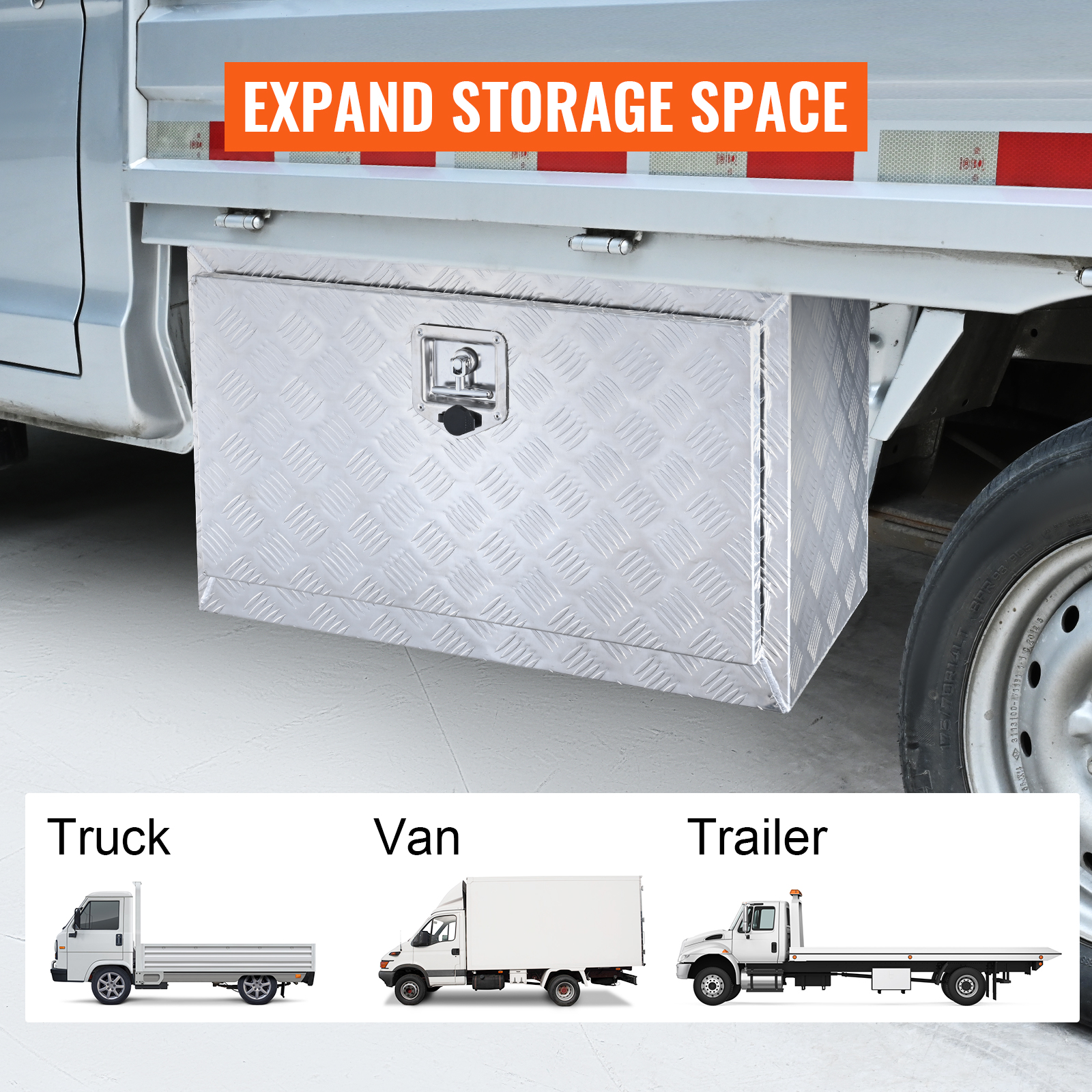 VEVOR underbody truck box mounted on a truck, with trucks, vans, and trailers shown below. expand storage space.