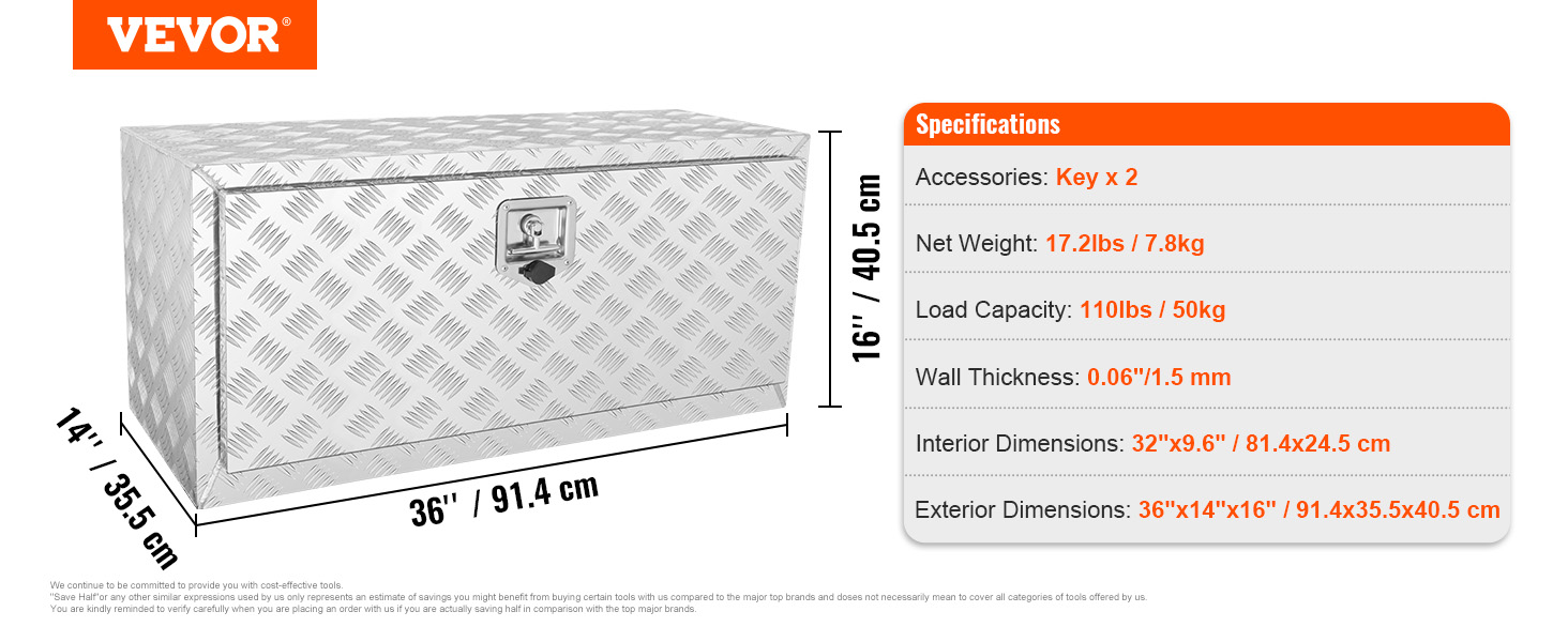 VEVOR underbody truck box with 110lbs load capacity, 17.2lbs weight, and dimensions of 36"x14"x16".