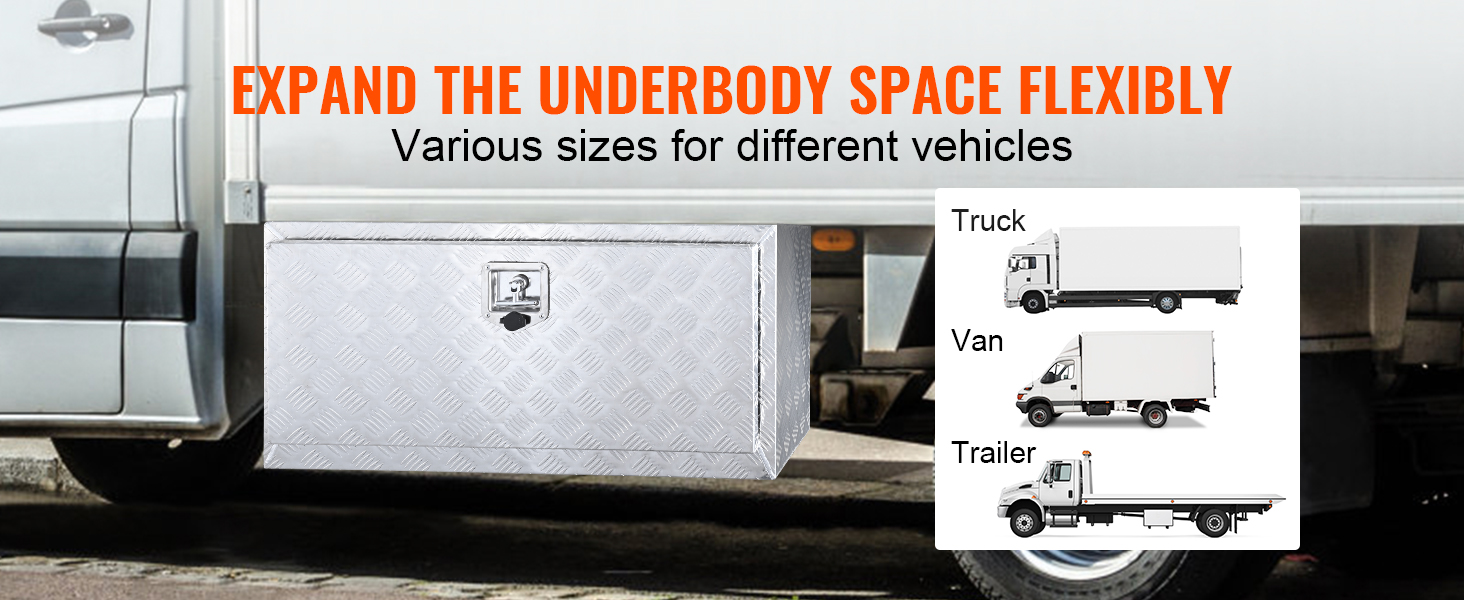 VEVOR underbody truck box mounted on a van, showcasing sizes for trucks, vans, and trailers.