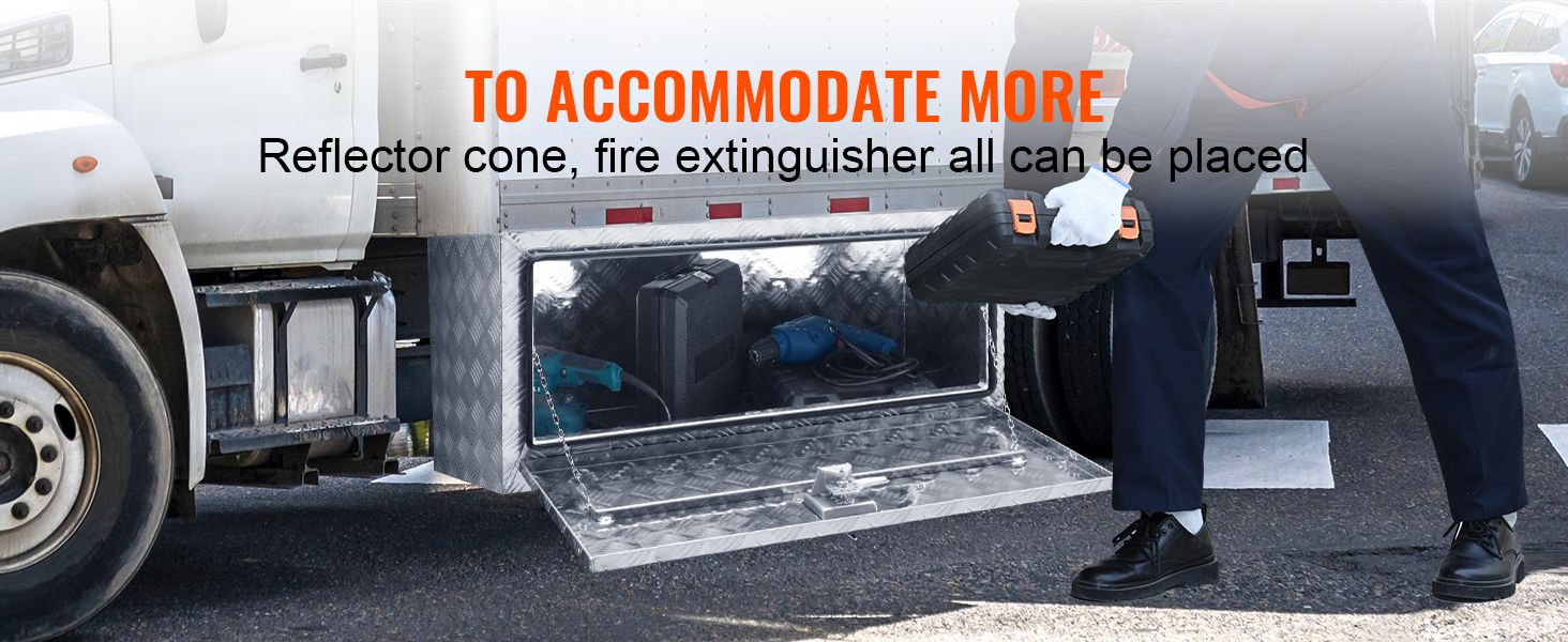VEVOR underbody truck box storing tools, reflector cone, and fire extinguisher, ensuring extra space.