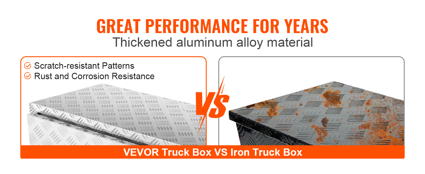 VEVOR underbody truck box: aluminum vs rusted iron, highlighting durability and corrosion resistance.