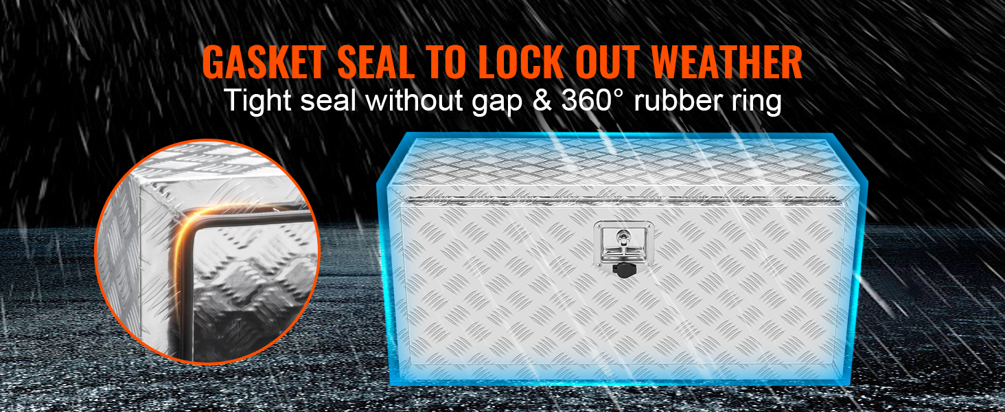 VEVOR underbody truck box with gasket seal to lock out weather, tight seal, and 360° rubber ring.
