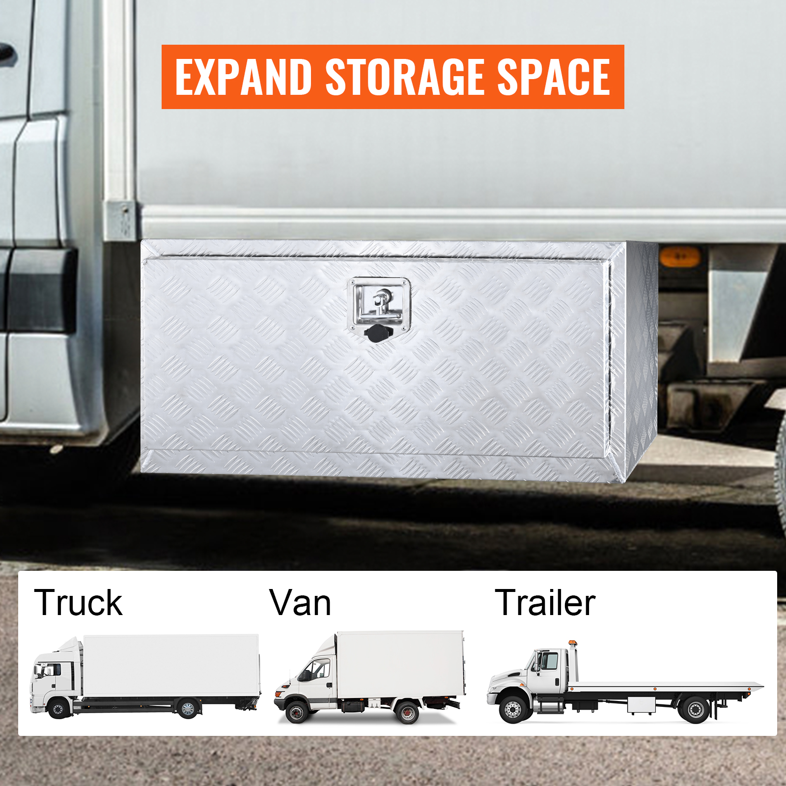 VEVOR underbody truck box installed on a truck, suitable for truck, van, and trailer storage.