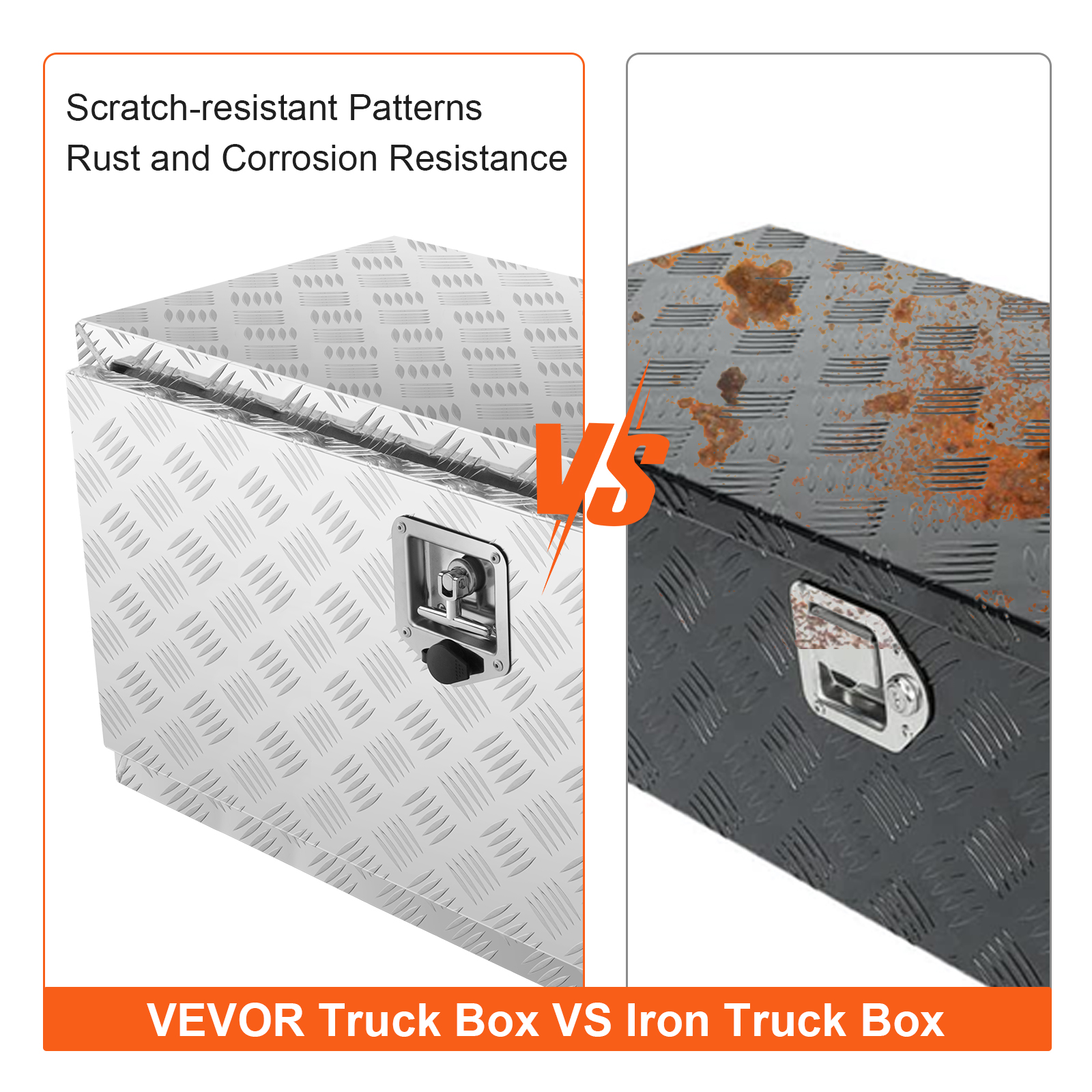 VEVOR underbody truck box vs. rusted iron box, showing scratch-resistant and corrosion-free material.