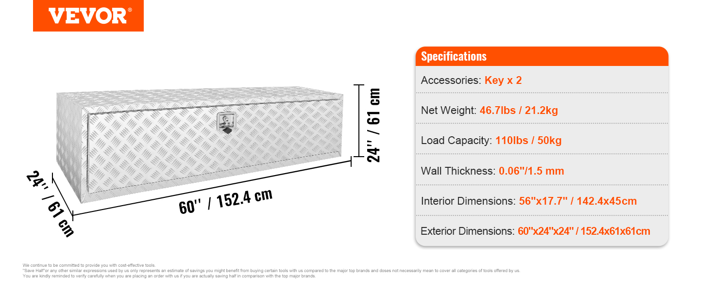 VEVOR underbody truck box, 60"x24"x24", 110 lbs load capacity, and specifications listed.