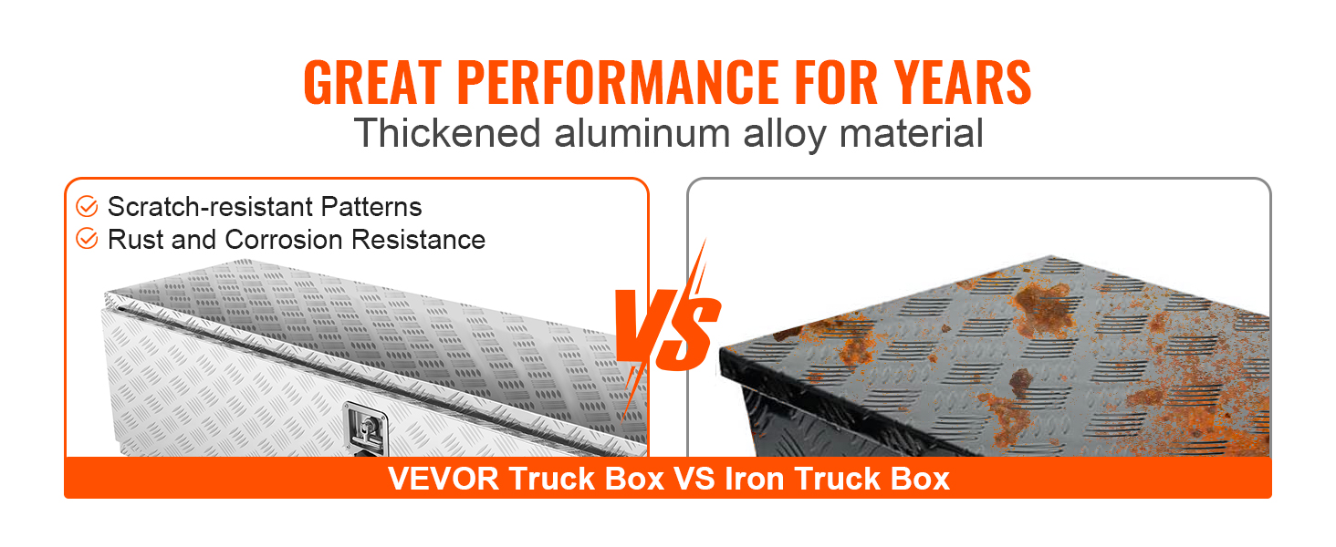 VEVOR underbody truck box vs iron box with rust, demonstrating durability and corrosion resistance.