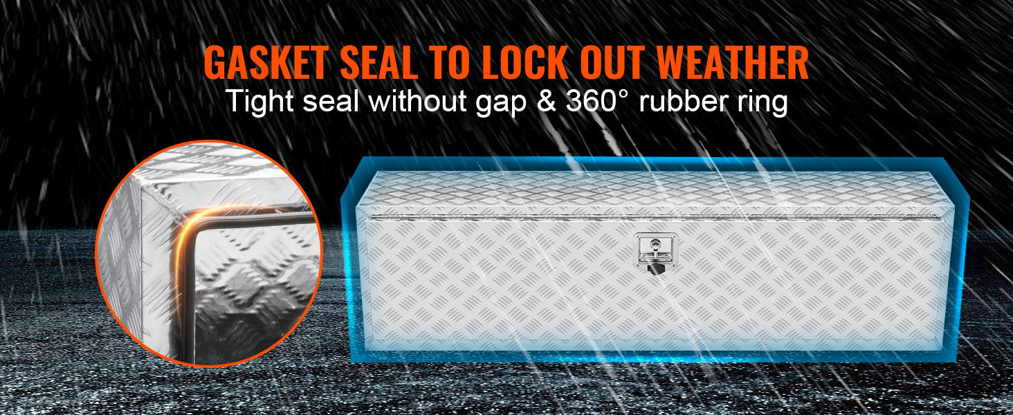 VEVOR underbody truck box with a gasket seal in rainy weather, showcasing a tight seal and 360° rubber ring.