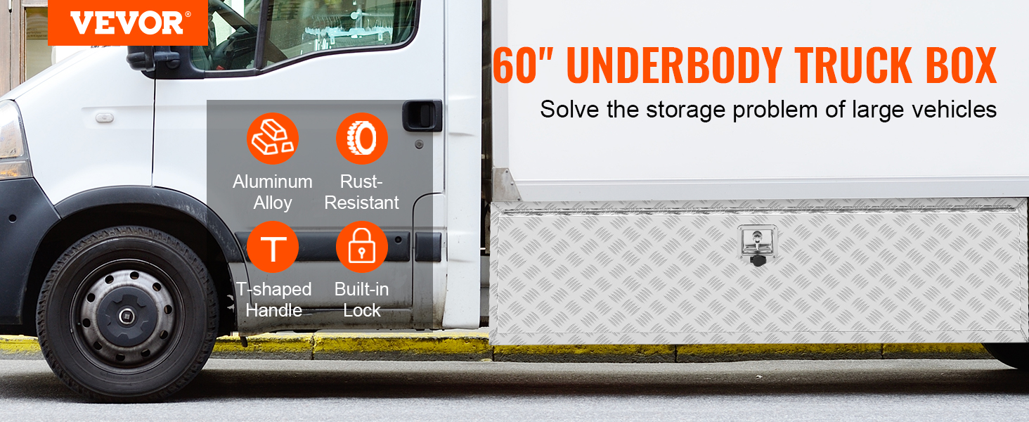 VEVOR underbody truck box, aluminum alloy, rust-resistant, with built-in lock and a t-shaped handle.