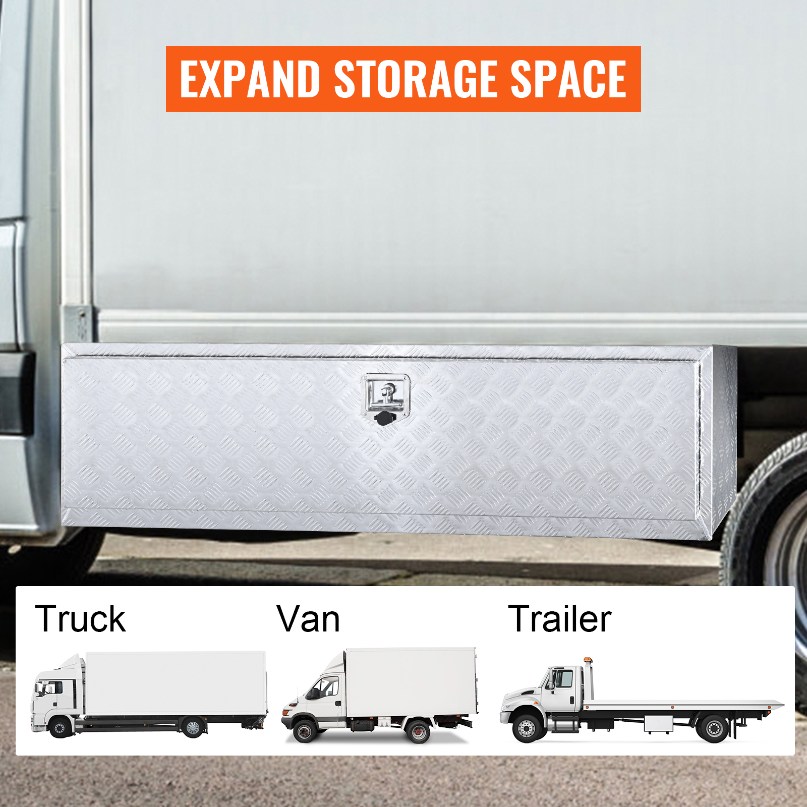 VEVOR underbody truck box attached to a truck, van, and trailer, highlighting expanded storage space.