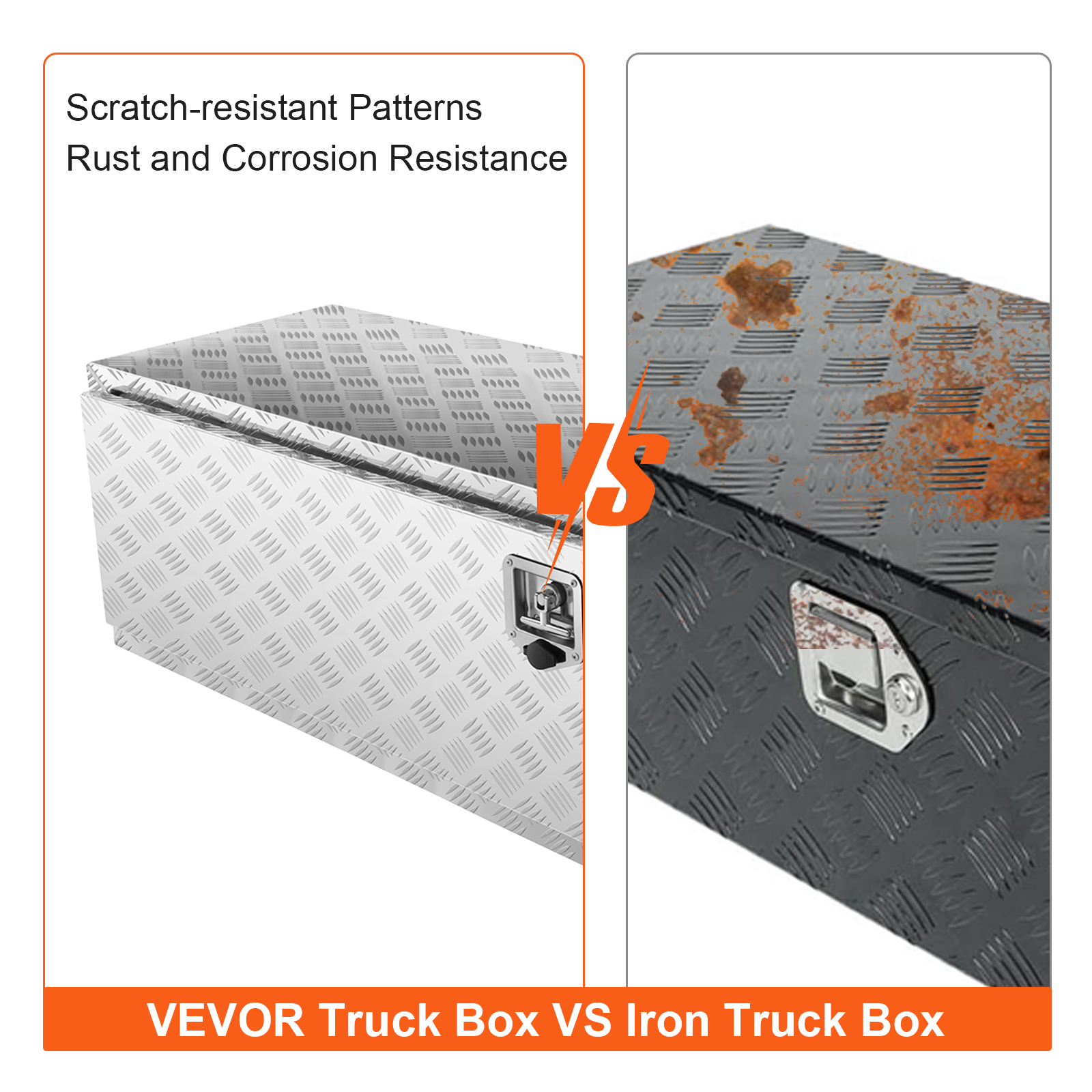 VEVOR underbody truck box comparison showcasing scratch-resistant, rust, and corrosion-resistant features.