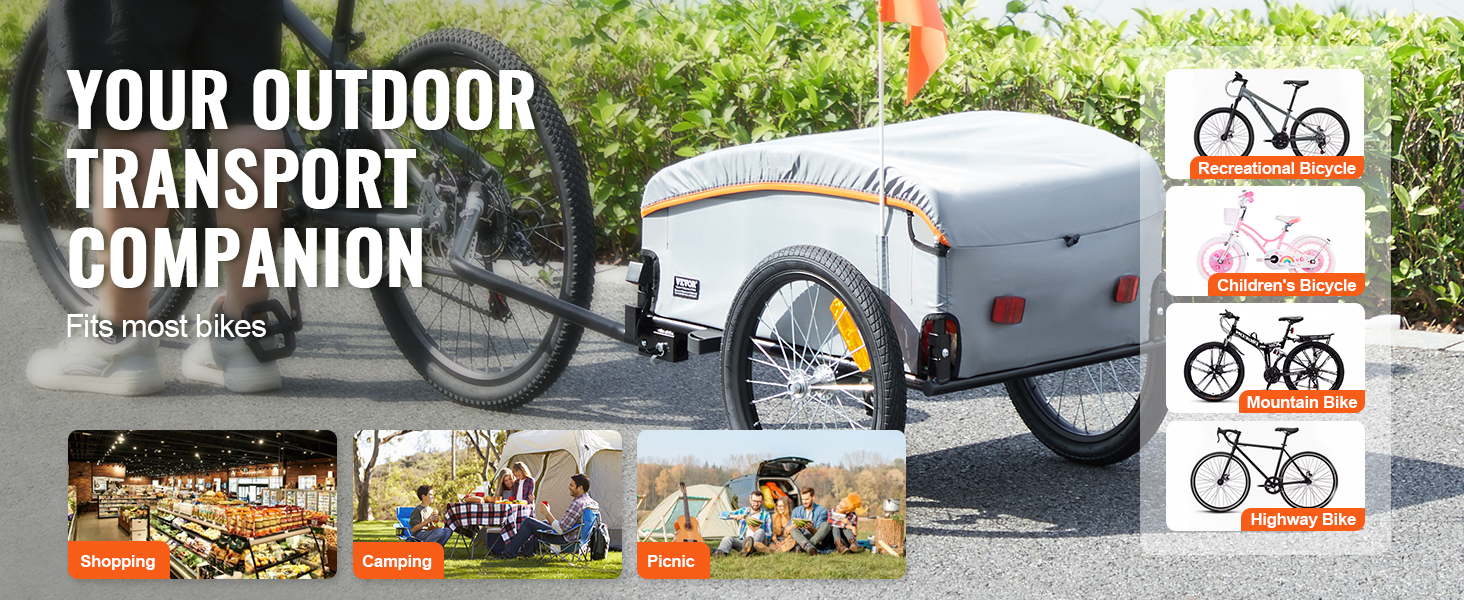 VEVOR bike cargo trailer hitched to a bicycle, ready for shopping, camping, and picnics. fits most bikes.