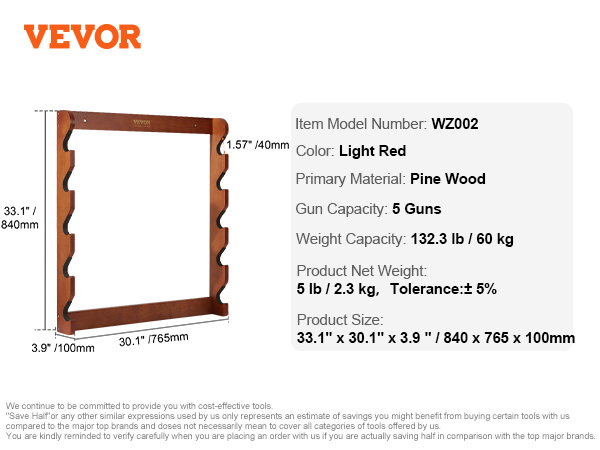 Rastrelliera per fucili VEVOR, modello wz002, in legno di pino rosso chiaro, contiene 5 fucili, dimensioni 33,1"x30,1"x3,9".