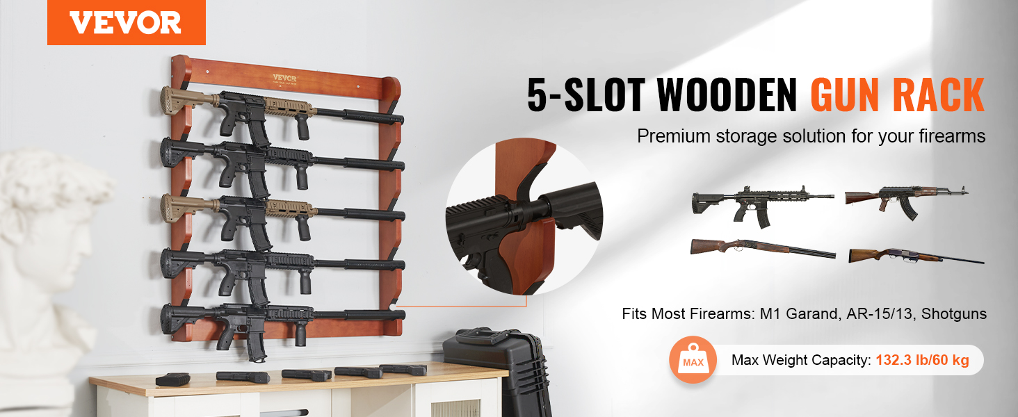 Rastrelliera per fucili VEVOR: rastrelliera in legno a 5 scomparti per armi da fuoco come M1 Garand, AR-15/13, fucili da caccia, capacità massima di 132,3 libbre.