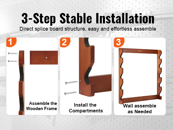 VEVOR rifle rack installation: assemble wooden frame, install compartments, wall mount.