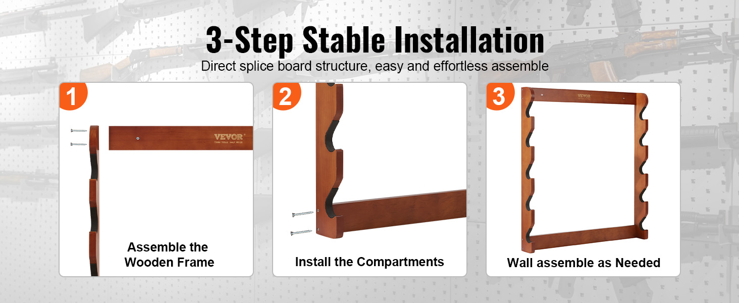 VEVOR rifle rack installation: assemble wooden frame, install compartments, wall mount.