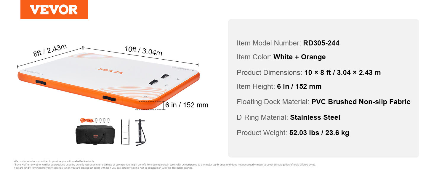 VEVOR inflatable floating dock in white and orange with dimensions 10x8 ft, includes pump, d-rings, and ladder.