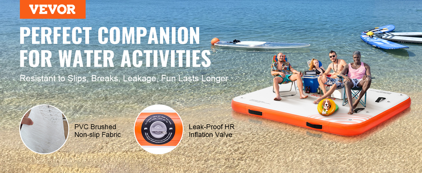 VEVOR inflatable floating dock for water activities, slip-resistant, durable, leak-proof inflation valve.
