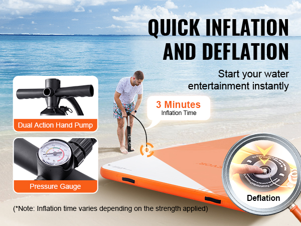 Muelle flotante inflable VEVOR con inflado rápido mediante bomba manual de doble acción y manómetro.