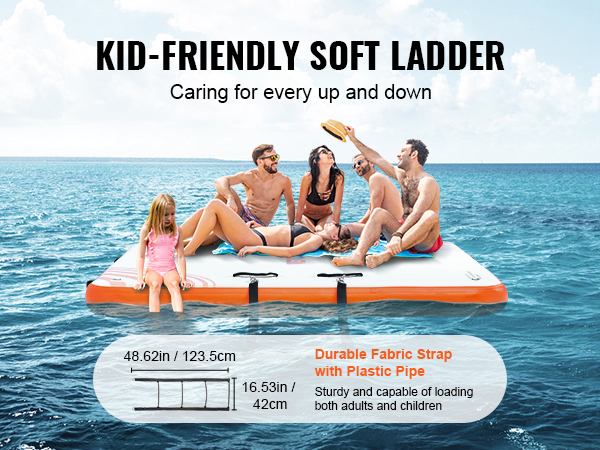 Muelle flotante inflable VEVOR con escalera suave apta para niños para un fácil acceso, que brinda apoyo a adultos y niños.