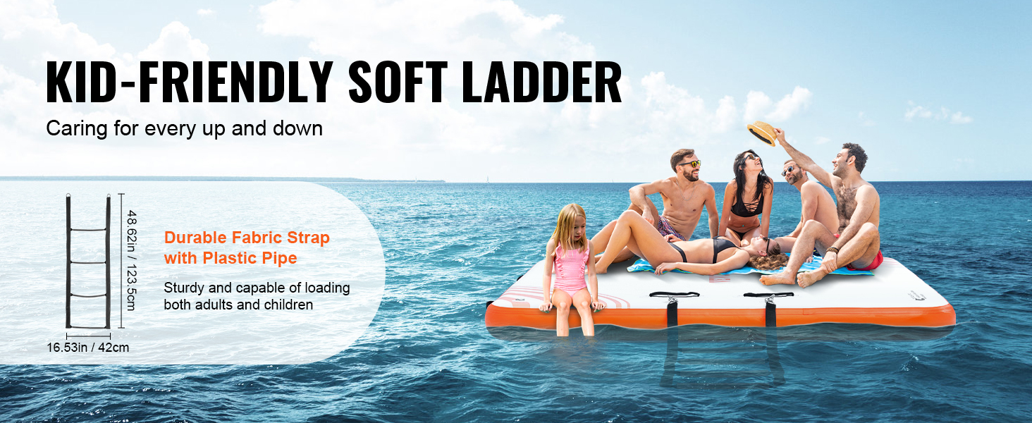 Muelle flotante inflable VEVOR con escalera suave apta para niños para un fácil acceso, que brinda apoyo a adultos y niños.