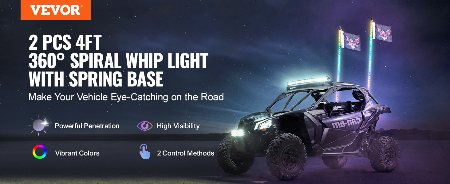 VEVOR led whip light on an off-road vehicle with vibrant colors and high visibility text.