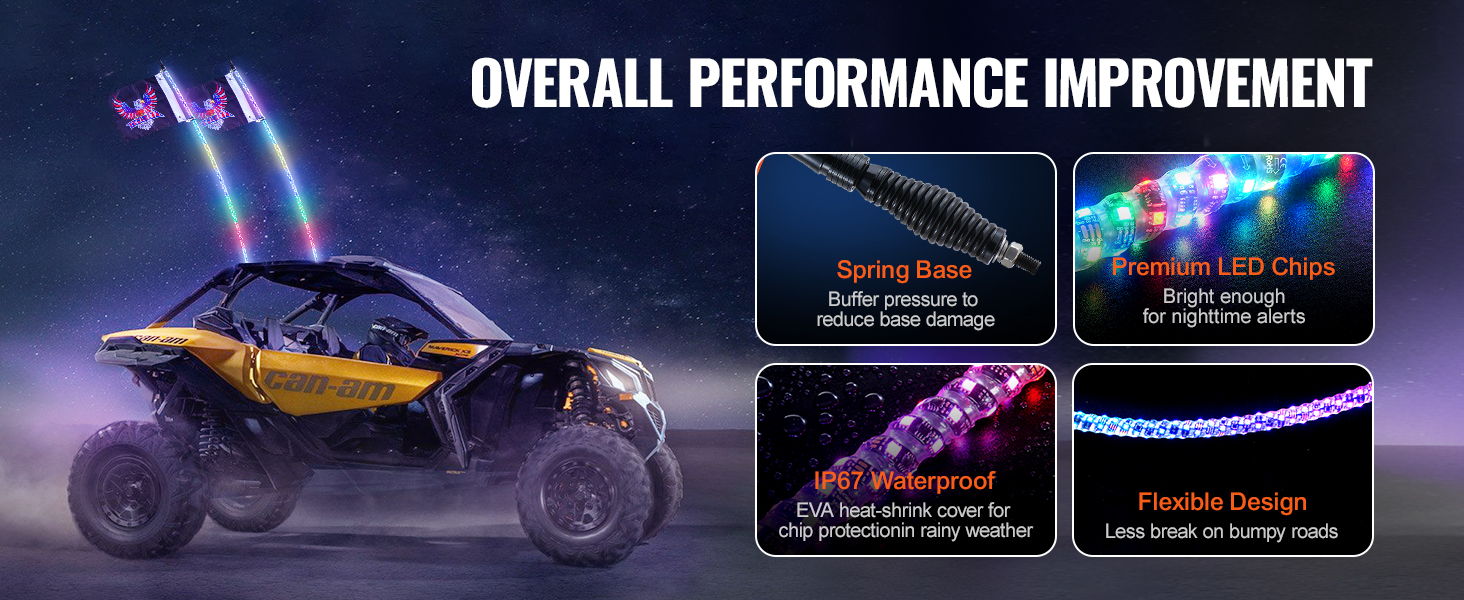can-am vehicle with dual VEVOR led whip lights showcasing spring base, premium led chips, and ip67 waterproof.