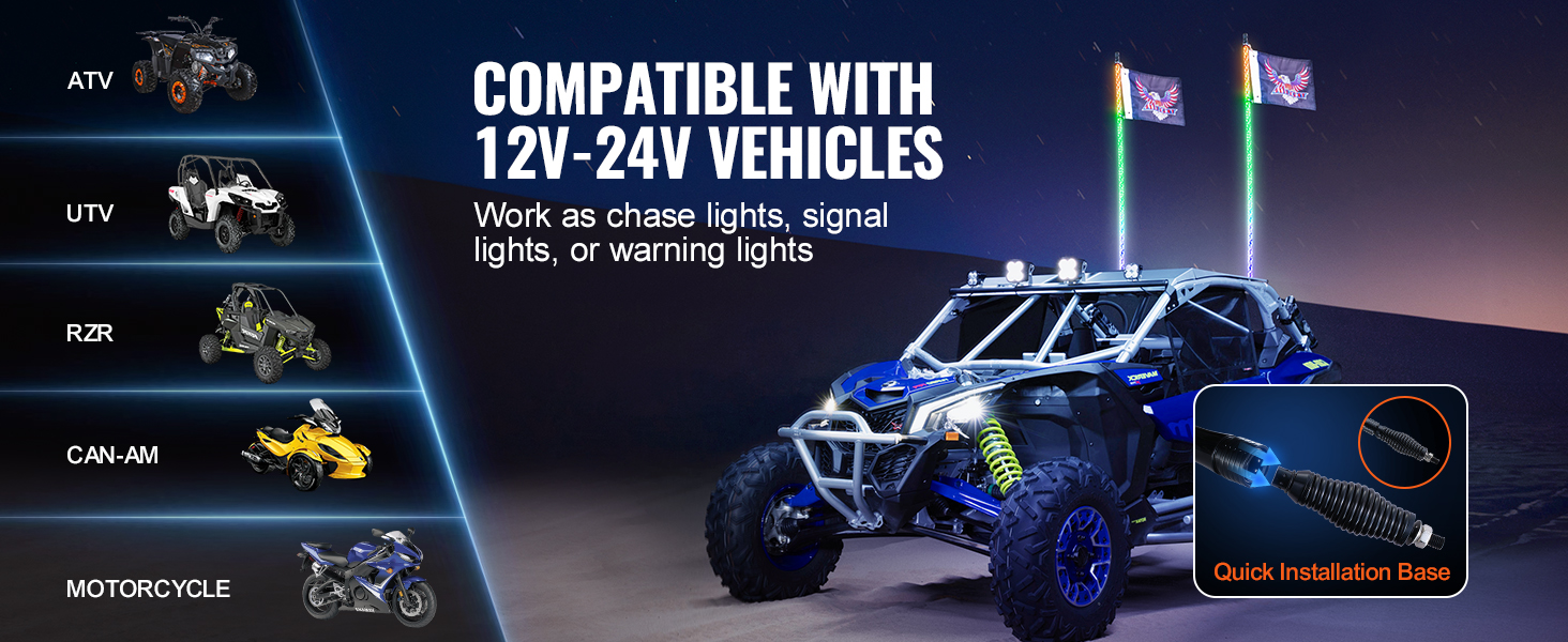 VEVOR led whip light compatible with atv, utv, rzr, can-am, and motorcycle, 12v-24v vehicles.