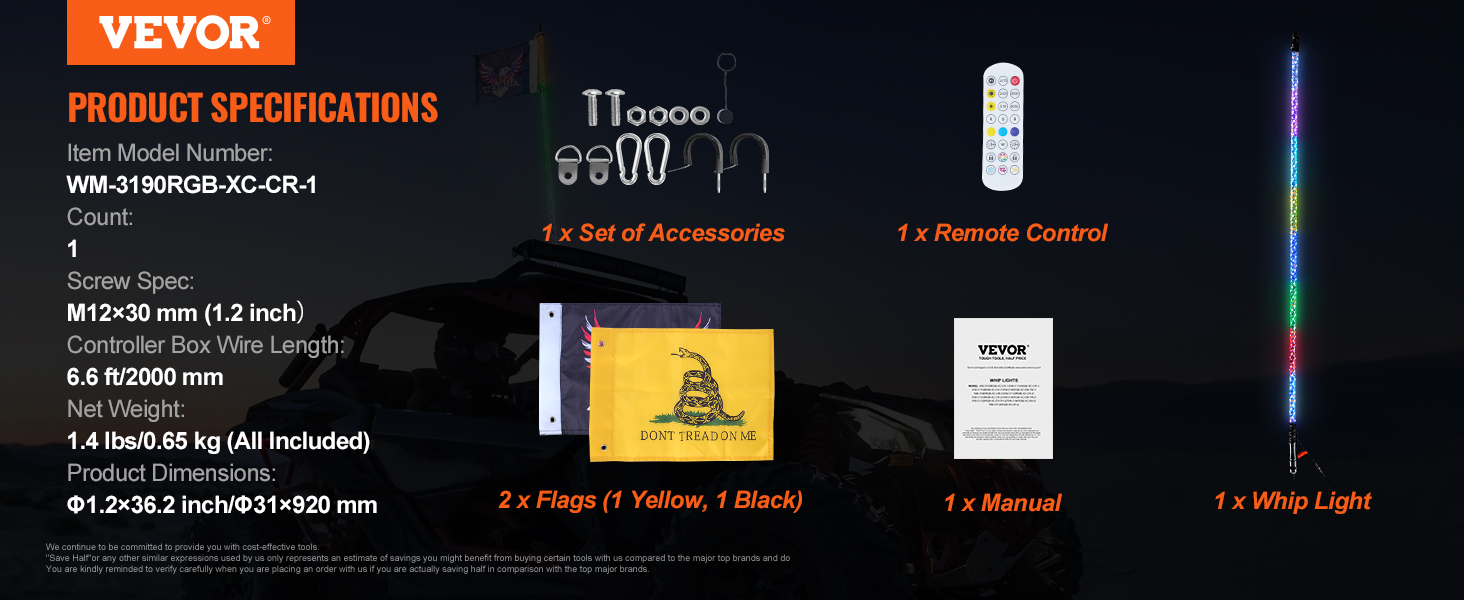 VEVOR led whip light set with accessories, remote control, flags, manual, and whip light for vehicles.