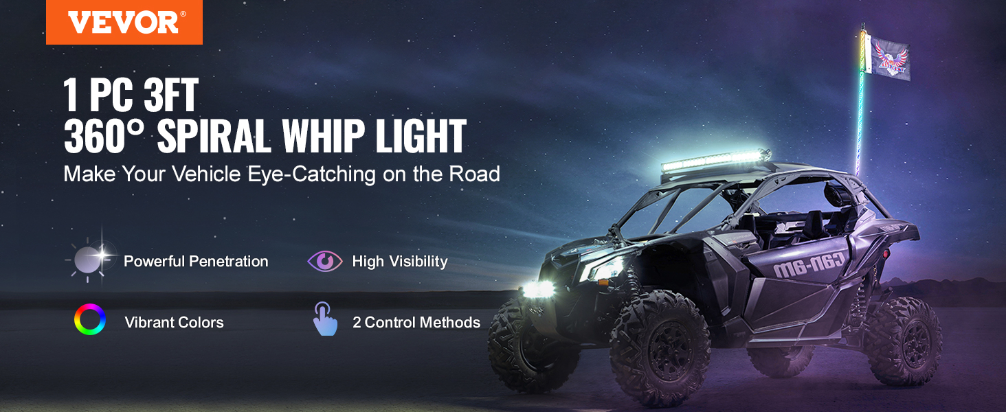 VEVOR led whip light on an off-road vehicle, showcasing vibrant colors and high visibility at night.