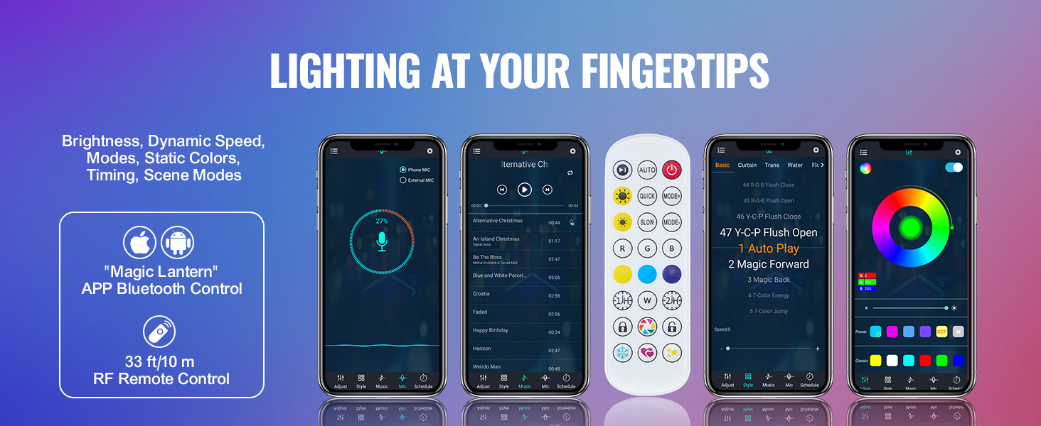 VEVOR led whip light control via app and remote, showing brightness, speed, modes, colors, and scenes.