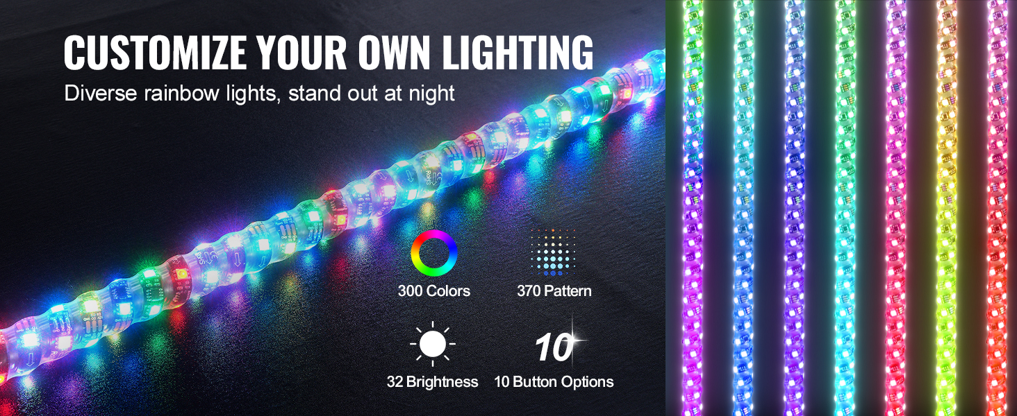 customizable VEVOR led whip light with diverse rainbow colors, multiple patterns, and brightness options.