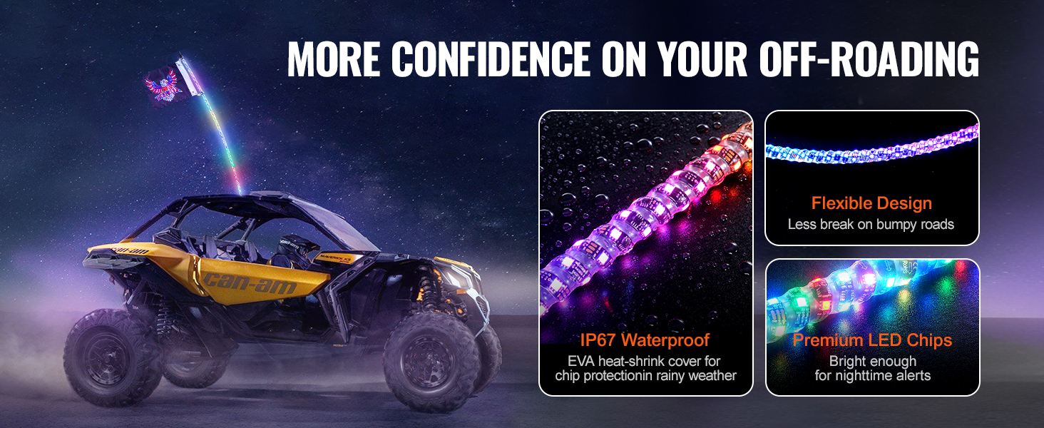 off-road vehicle with VEVOR led whip light in the night and feature details: water-proof, flexible, and bright.