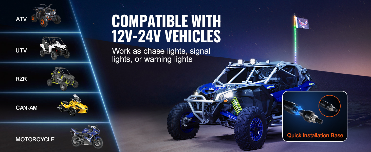 compatible with atv, utv, rzr, can-am, and motorcycle; quick installation; VEVOR led whip light.