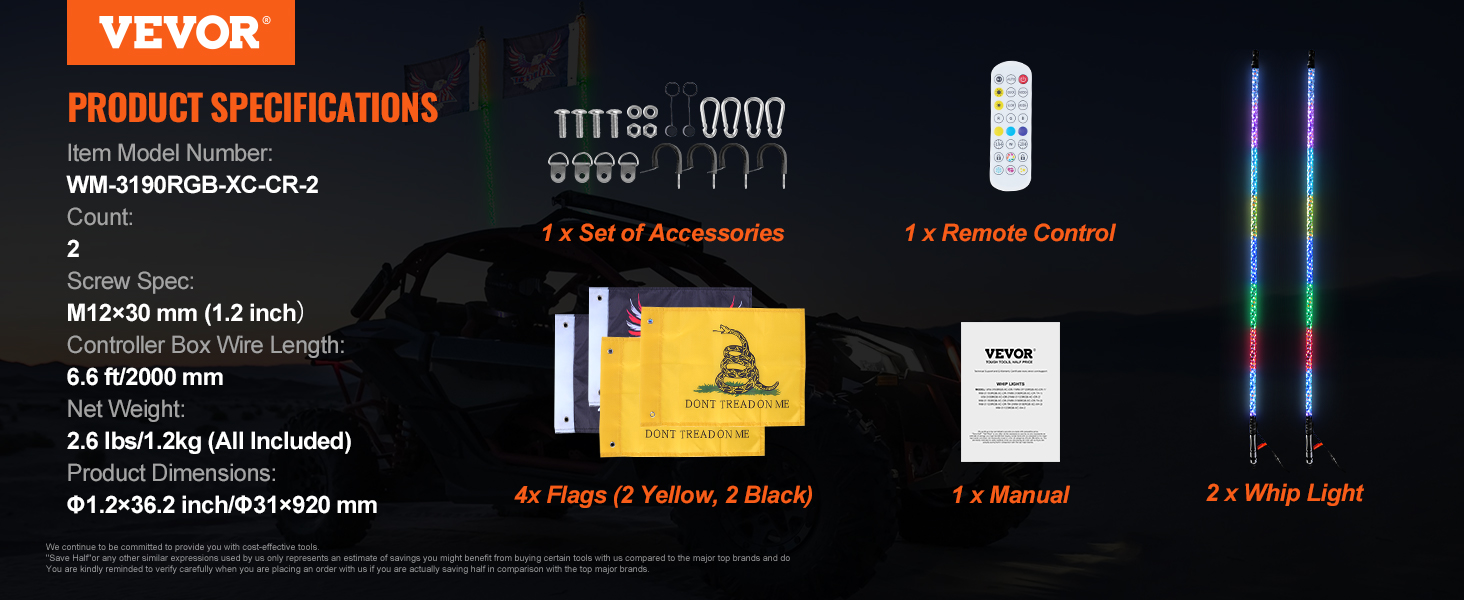 VEVOR led whip light product with accessories, remote, manual, and flags in the background.