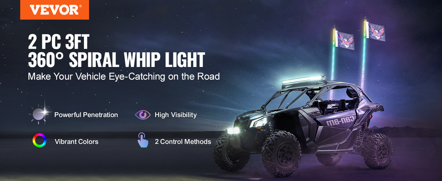 VEVOR led whip light on an off-road vehicle, highlighting 360° spiral, vibrant colors, high visibility.
