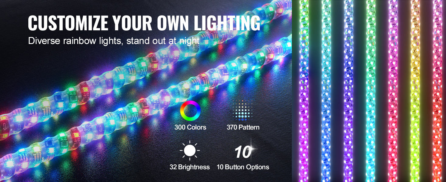 VEVOR led whip light featuring customizable rainbow lighting with 300 colors and 370 patterns.