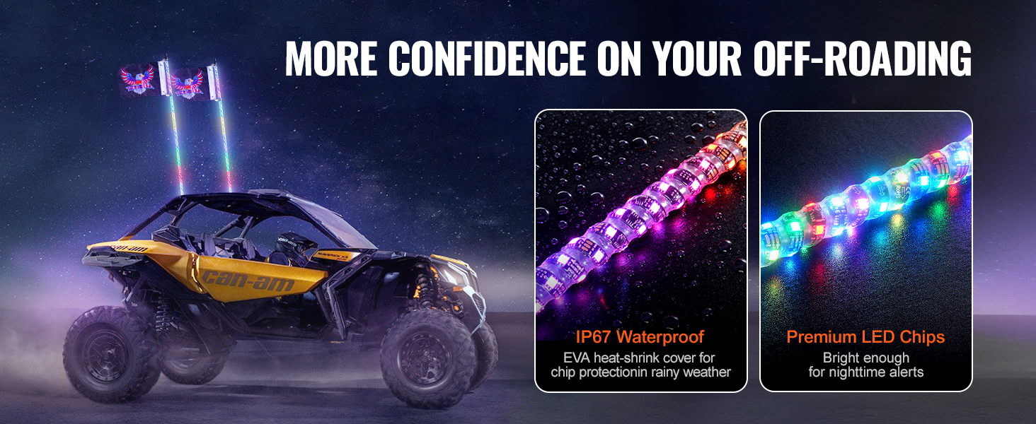 yellow can-am atv with VEVOR led whip light, featuring ip67 waterproof and premium led chips.