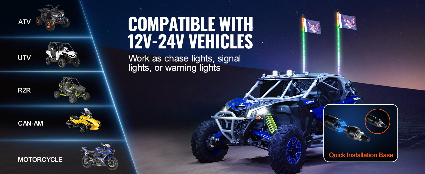 atvs and utvs with VEVOR led whip light on a night ride. compatible with 12v-24v vehicles.