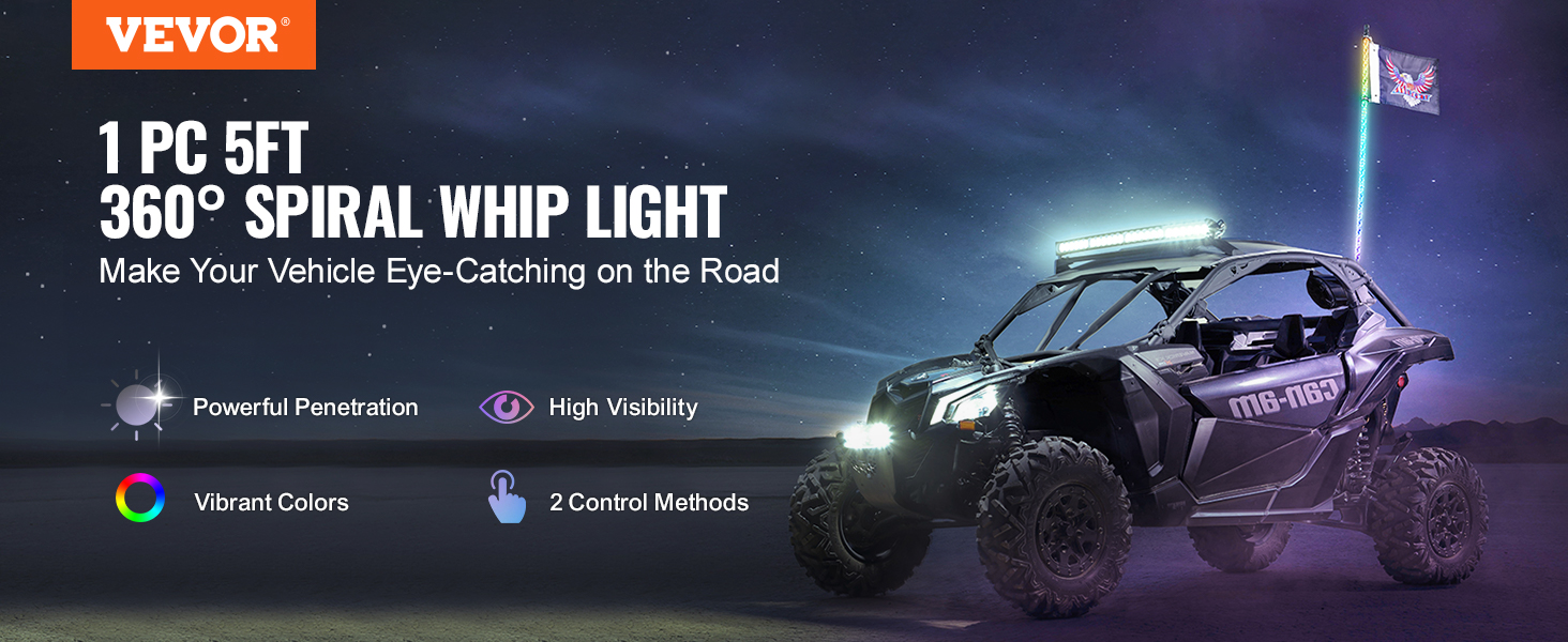 VEVOR led whip light on off-road vehicle, vibrant colors, high visibility, and 2 control methods.