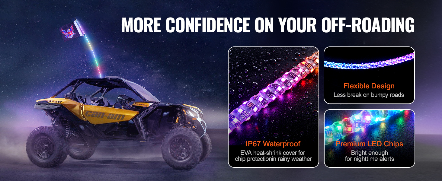 yellow can-am off-roading vehicle with VEVOR led whip light highlighting flexibility, waterproofing, and led chips.